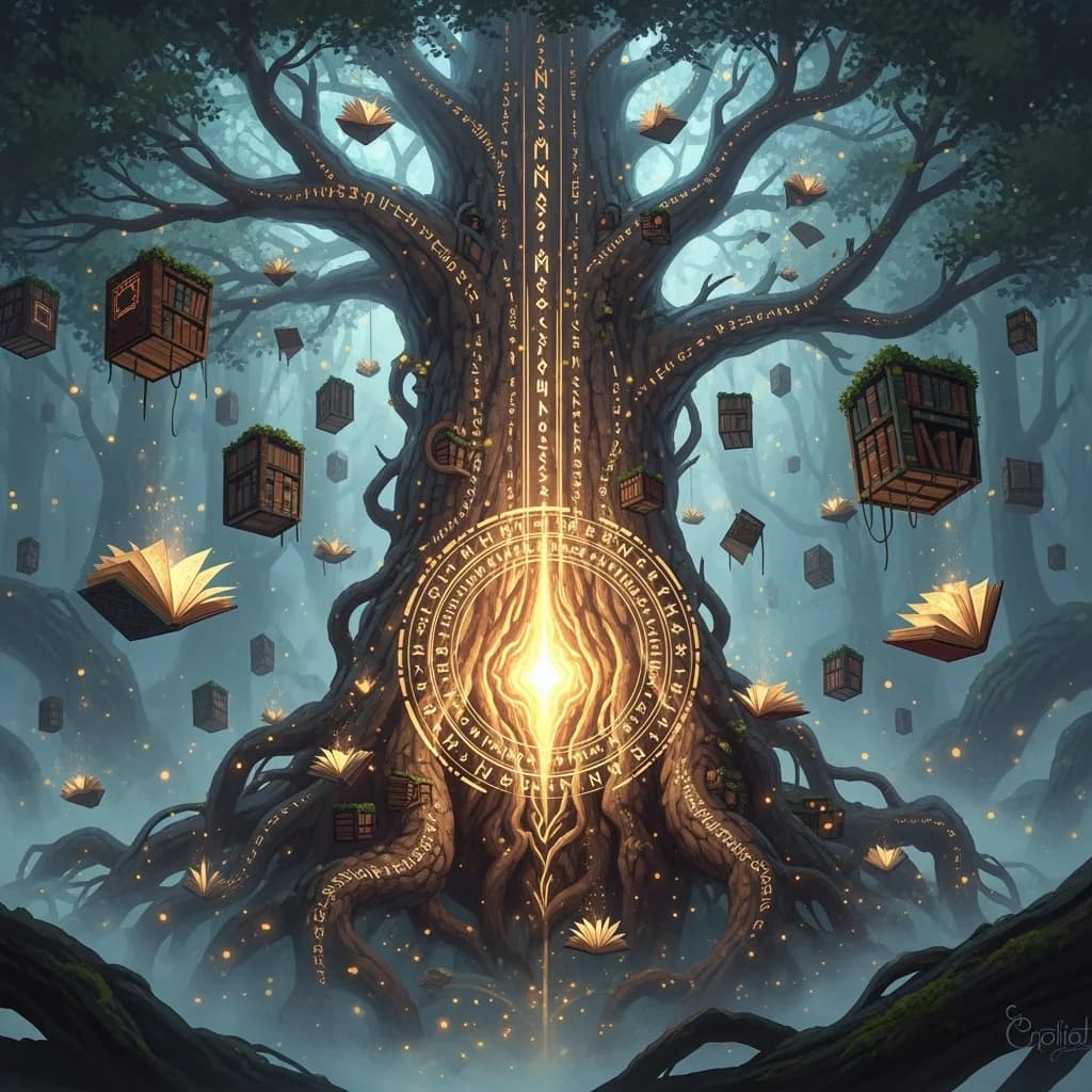 Ancient tree of knowledge with floating books