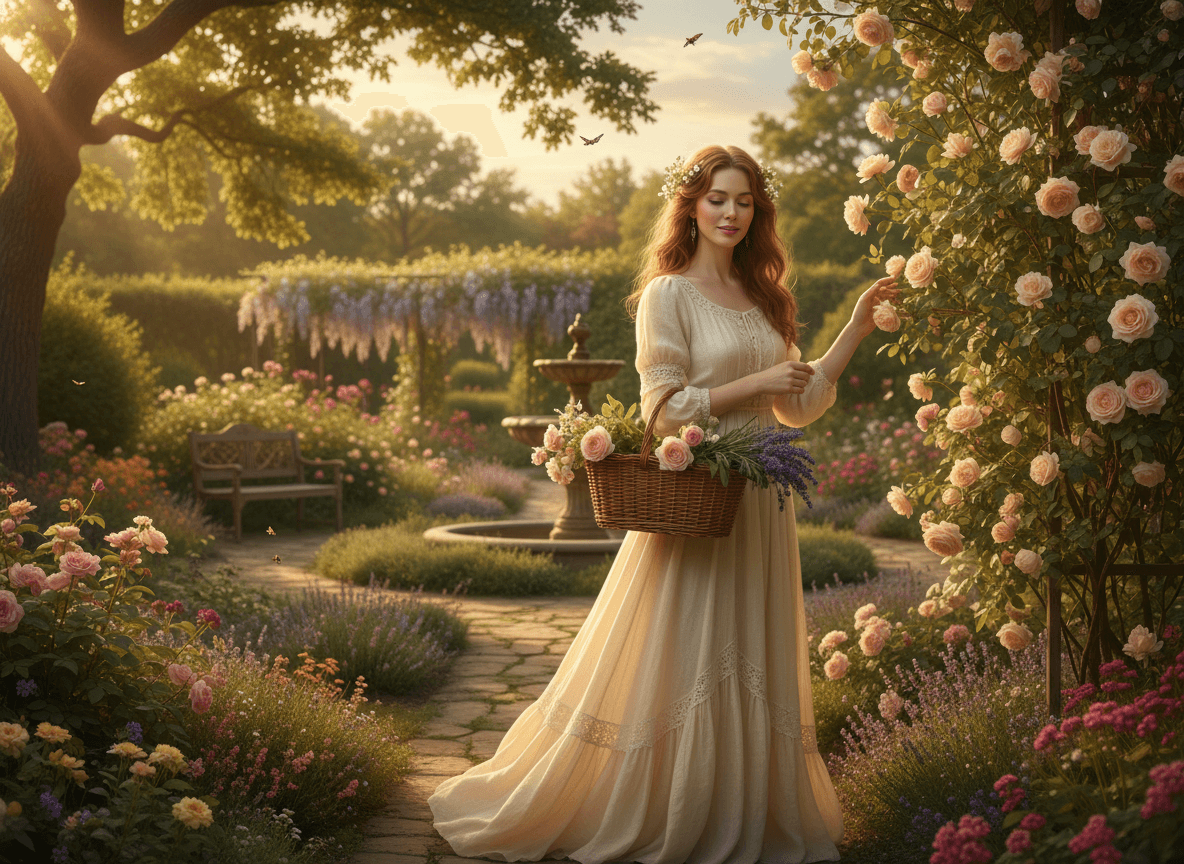 Basic prompt: 'A woman in a garden' - vague prompt leads to generic results